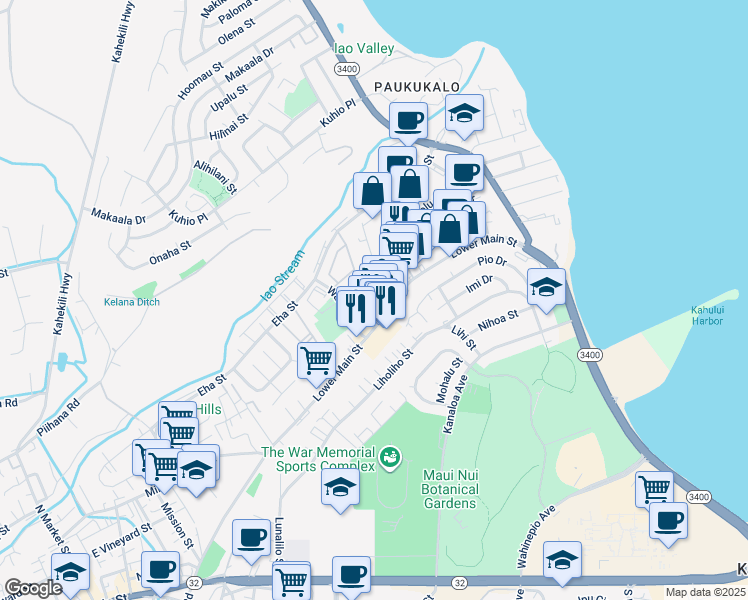 map of restaurants, bars, coffee shops, grocery stores, and more near 223 Momi Place in Wailuku