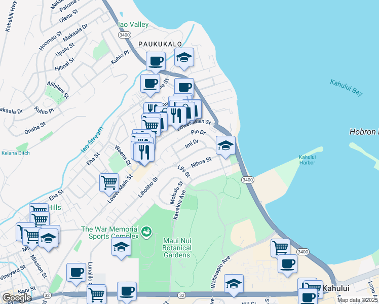 map of restaurants, bars, coffee shops, grocery stores, and more near 569 Liholiho Street in Wailuku
