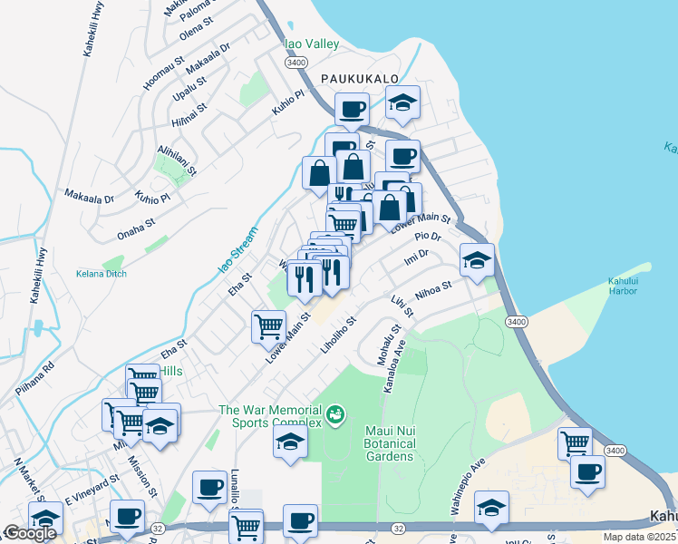 map of restaurants, bars, coffee shops, grocery stores, and more near 986 Lower Main Street in Wailuku
