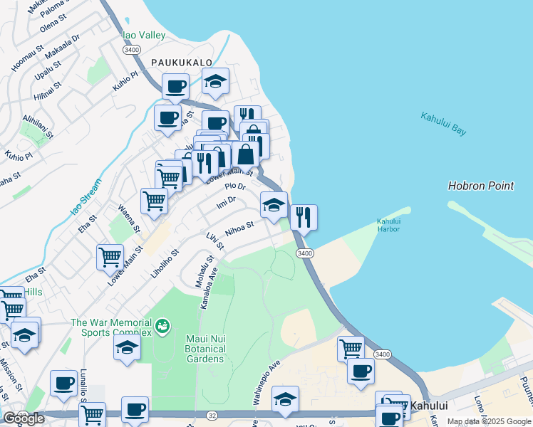 map of restaurants, bars, coffee shops, grocery stores, and more near 709 Pio Drive in Wailuku