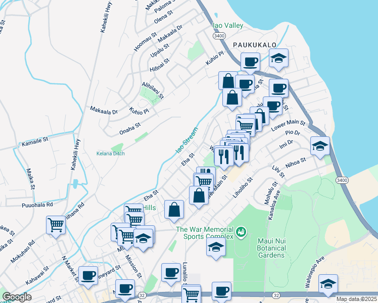 map of restaurants, bars, coffee shops, grocery stores, and more near 1110 Eha Street in Wailuku