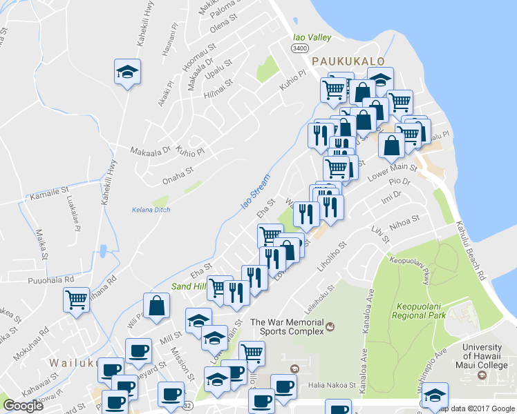map of restaurants, bars, coffee shops, grocery stores, and more near 1120 Eha Street in Wailuku