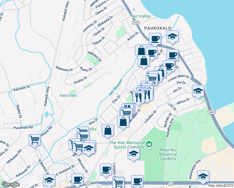 map of restaurants, bars, coffee shops, grocery stores, and more near 1110 Eha Street in Wailuku