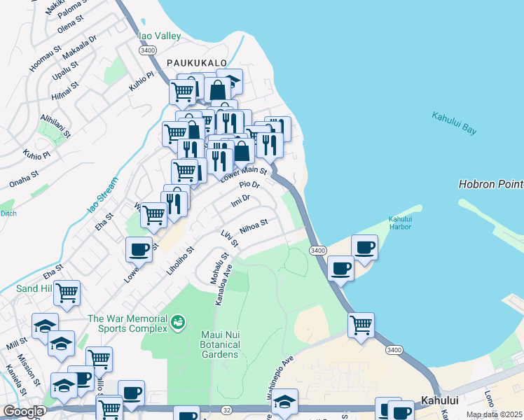 map of restaurants, bars, coffee shops, grocery stores, and more near 618 Liholiho Street in Wailuku