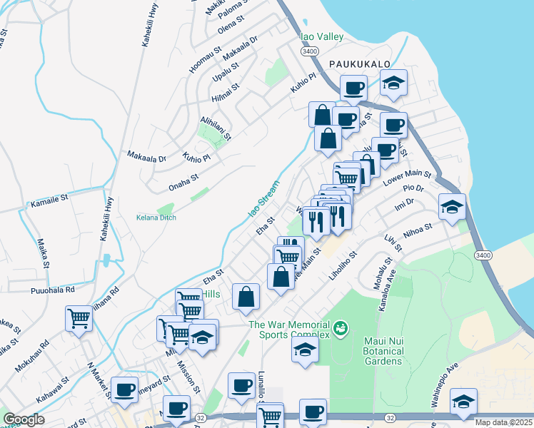 map of restaurants, bars, coffee shops, grocery stores, and more near 1110 Eha Street in Wailuku