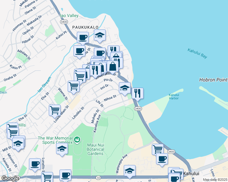 map of restaurants, bars, coffee shops, grocery stores, and more near 618 Liholiho Street in Wailuku