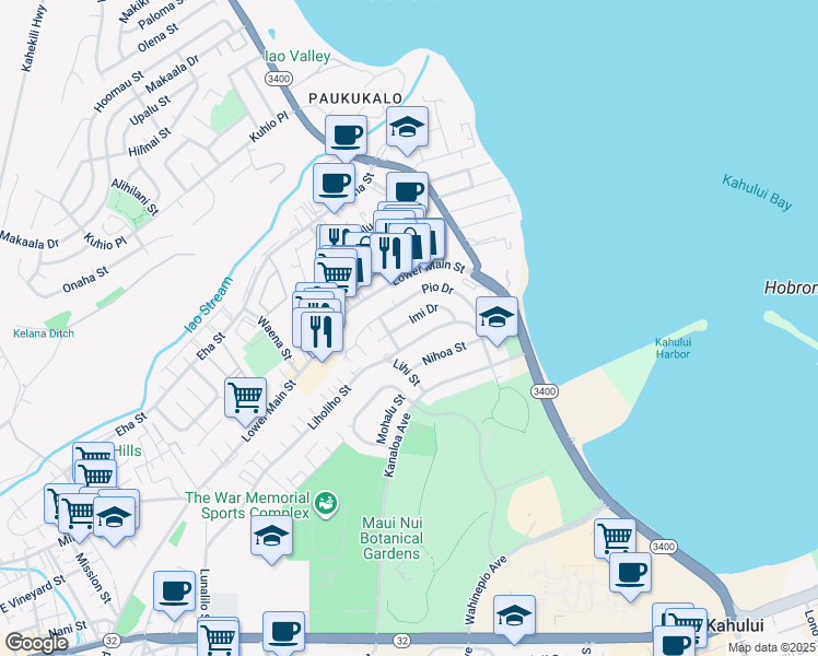 map of restaurants, bars, coffee shops, grocery stores, and more near 558 Imi Drive in Wailuku