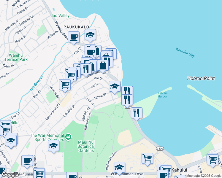 map of restaurants, bars, coffee shops, grocery stores, and more near 709 Pio Drive in Wailuku