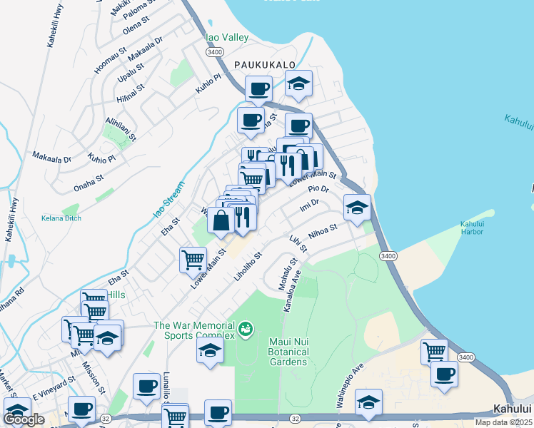 map of restaurants, bars, coffee shops, grocery stores, and more near 493 Pio Drive in Wailuku