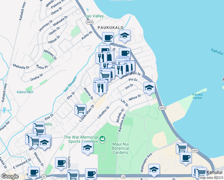 map of restaurants, bars, coffee shops, grocery stores, and more near 493 Pio Drive in Wailuku