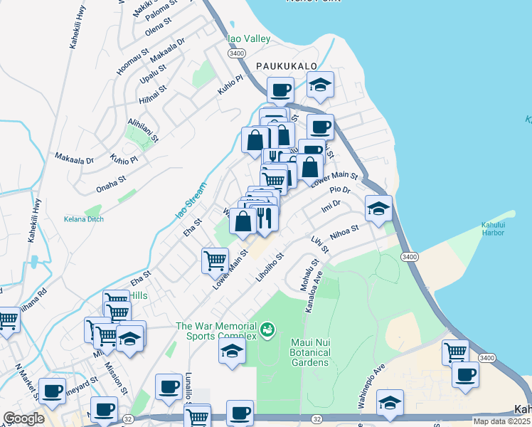 map of restaurants, bars, coffee shops, grocery stores, and more near 265 Mamo Place in Wailuku