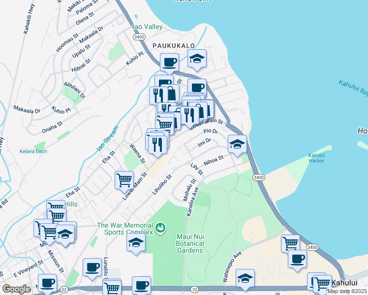 map of restaurants, bars, coffee shops, grocery stores, and more near 901 Lower Main Street in Wailuku