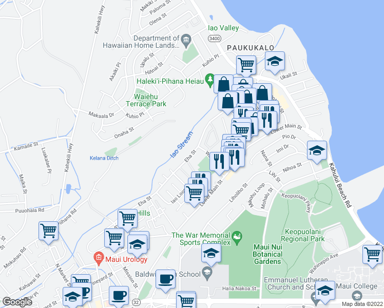 map of restaurants, bars, coffee shops, grocery stores, and more near 943 Eha Street in Wailuku