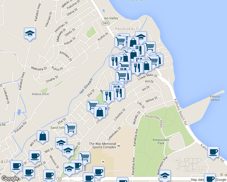 map of restaurants, bars, coffee shops, grocery stores, and more near 249 Momi Place in Wailuku