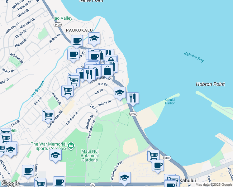 map of restaurants, bars, coffee shops, grocery stores, and more near 701 Pio Drive in Wailuku