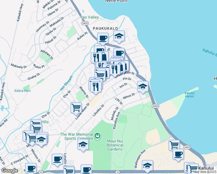 map of restaurants, bars, coffee shops, grocery stores, and more near 901 Lower Main Street in Wailuku