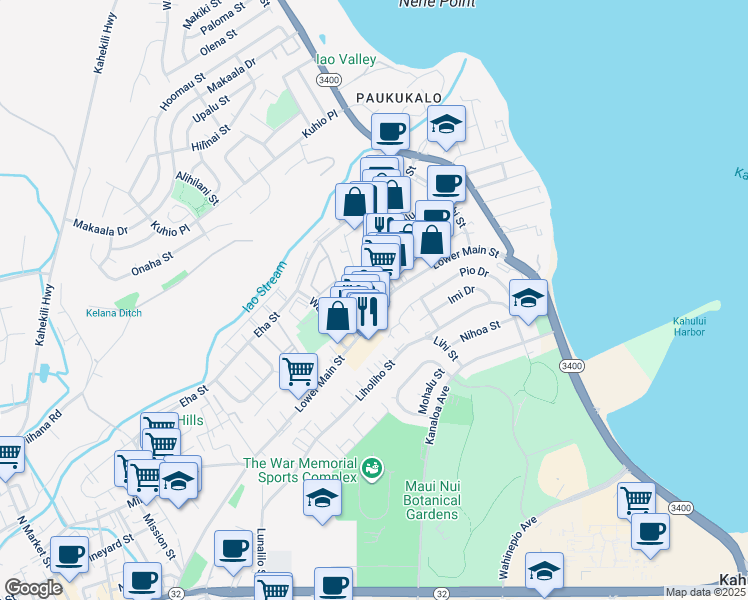 map of restaurants, bars, coffee shops, grocery stores, and more near 970 Lower Main Street in Wailuku