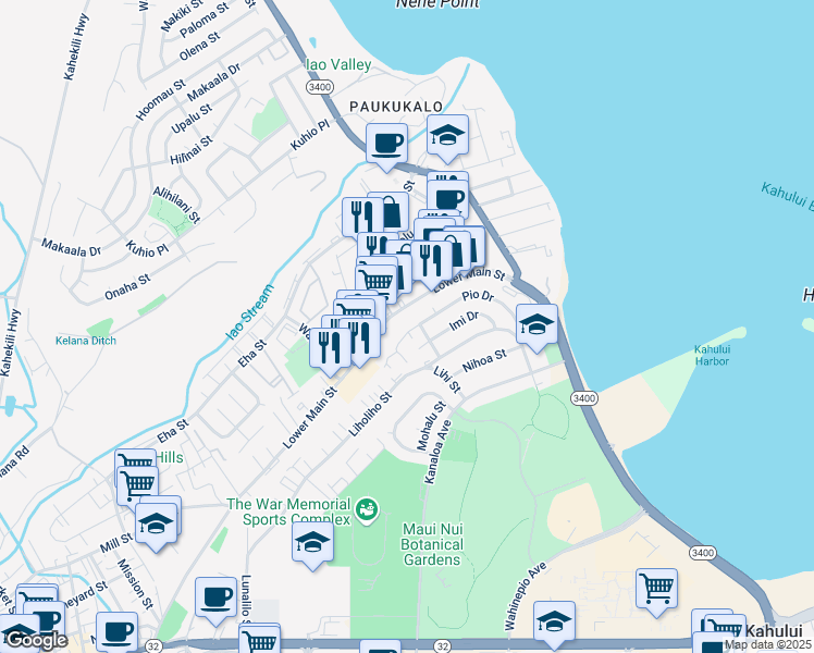 map of restaurants, bars, coffee shops, grocery stores, and more near 901 Lower Main Street in Wailuku