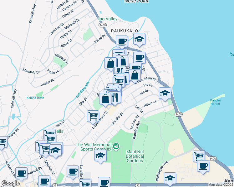 map of restaurants, bars, coffee shops, grocery stores, and more near 970 Lower Main Street in Wailuku