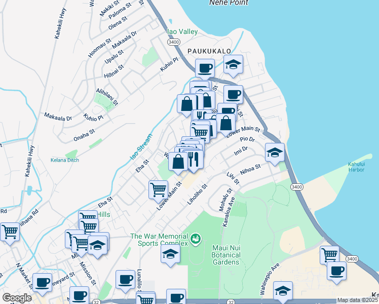 map of restaurants, bars, coffee shops, grocery stores, and more near 249 Momi Place in Wailuku