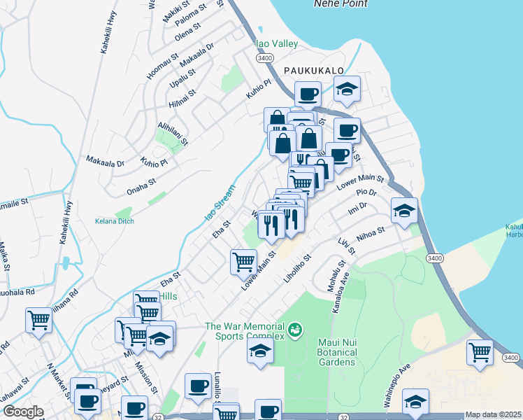map of restaurants, bars, coffee shops, grocery stores, and more near 91 Kopi Lane in Wailuku