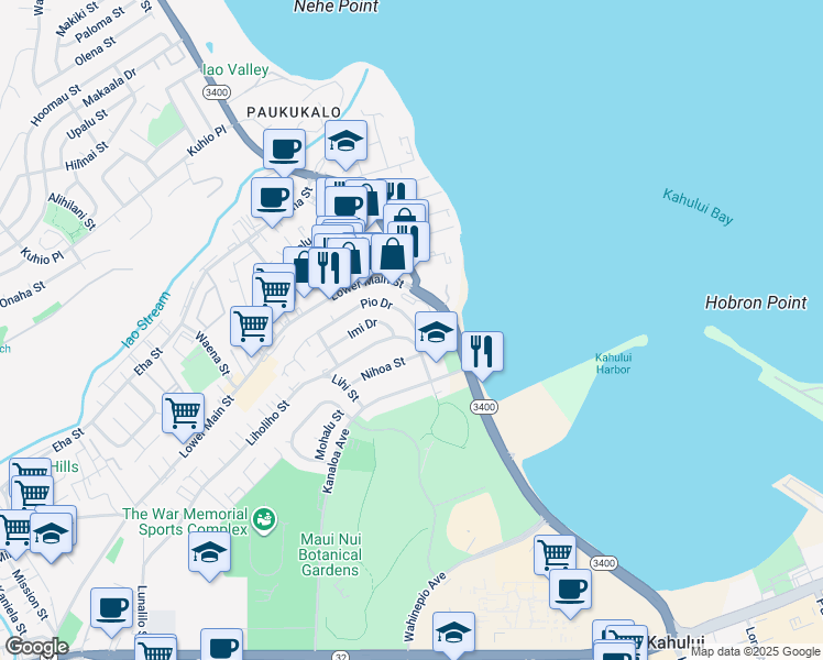 map of restaurants, bars, coffee shops, grocery stores, and more near 682 Pio Drive in Wailuku