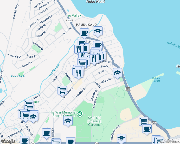 map of restaurants, bars, coffee shops, grocery stores, and more near 901 Lower Main Street in Wailuku