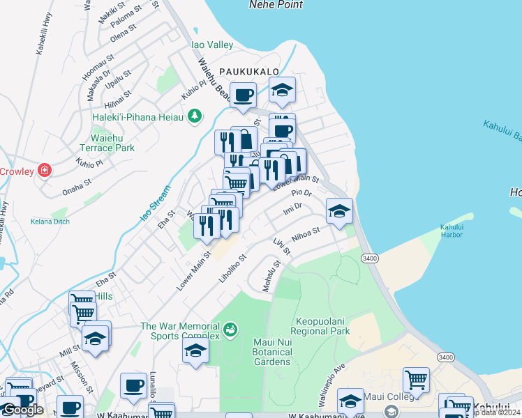 map of restaurants, bars, coffee shops, grocery stores, and more near 529 Pio Drive in Wailuku