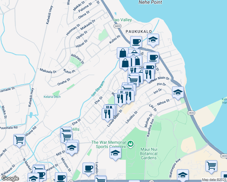 map of restaurants, bars, coffee shops, grocery stores, and more near 91 Kopi Lane in Wailuku