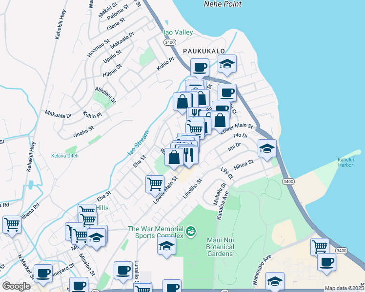 map of restaurants, bars, coffee shops, grocery stores, and more near 265 Mamo Place in Wailuku