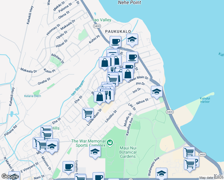 map of restaurants, bars, coffee shops, grocery stores, and more near 265 Mamo Place in Wailuku