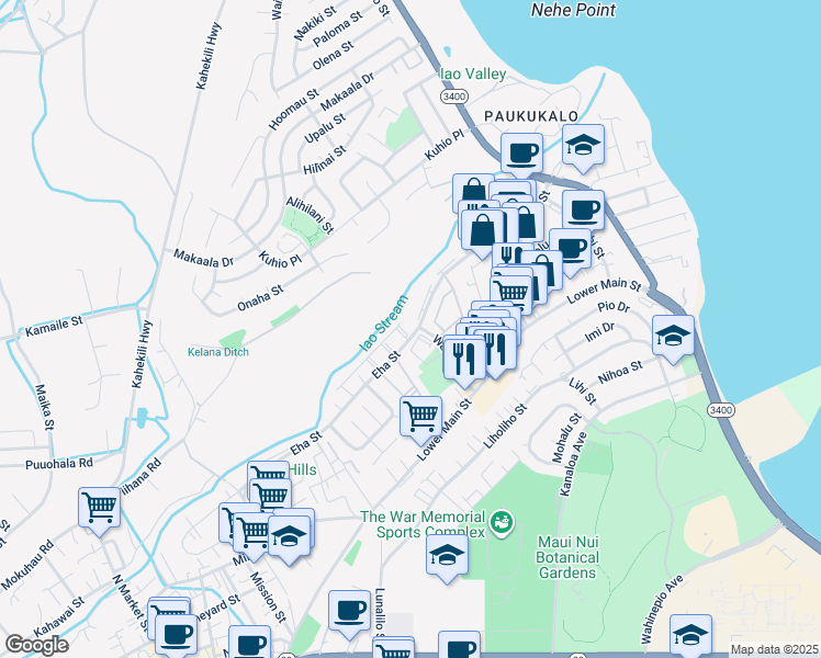 map of restaurants, bars, coffee shops, grocery stores, and more near 1060 Eha Street in Wailuku
