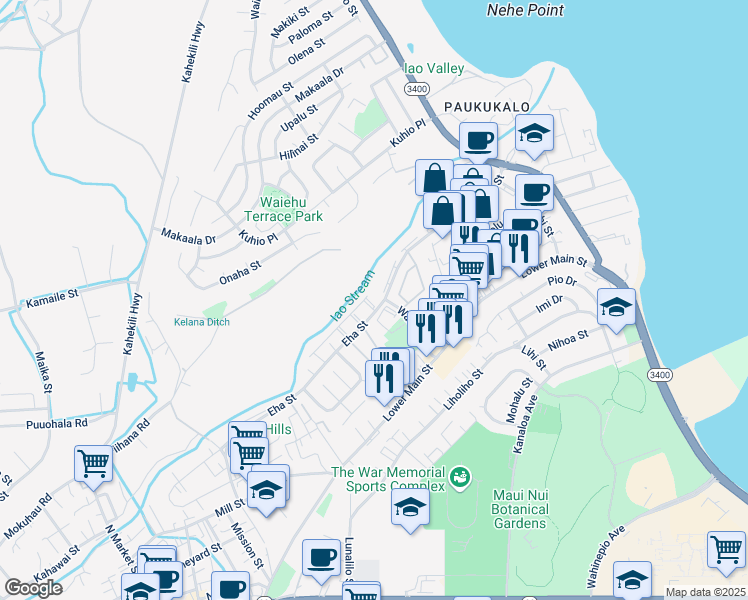 map of restaurants, bars, coffee shops, grocery stores, and more near 1060 Eha Street in Wailuku