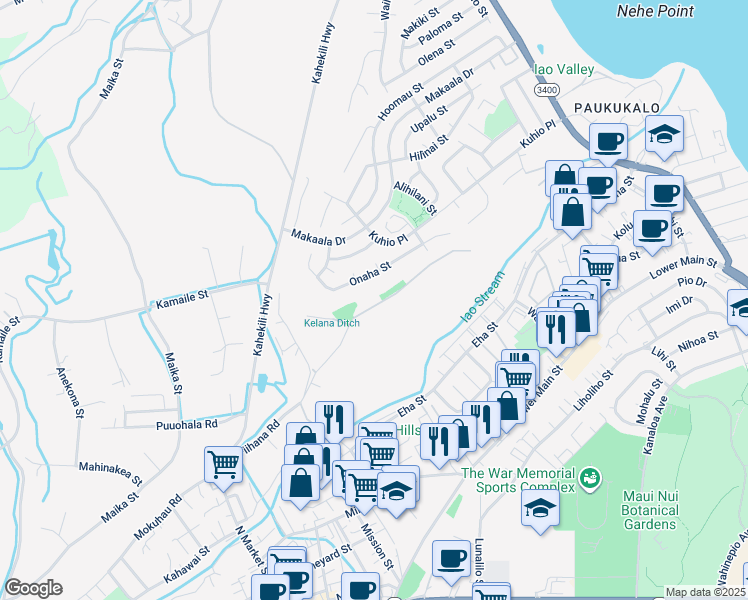 map of restaurants, bars, coffee shops, grocery stores, and more near 1270 Piihana Road in Wailuku