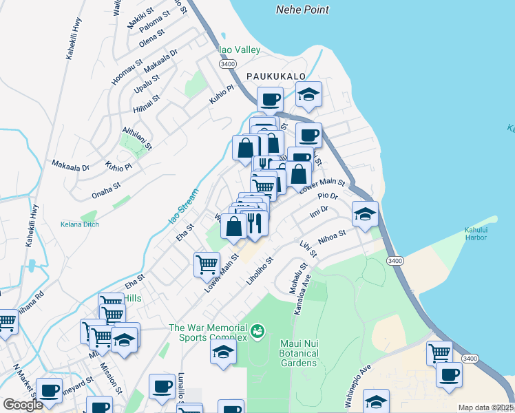 map of restaurants, bars, coffee shops, grocery stores, and more near 265 Mamo Place in Wailuku