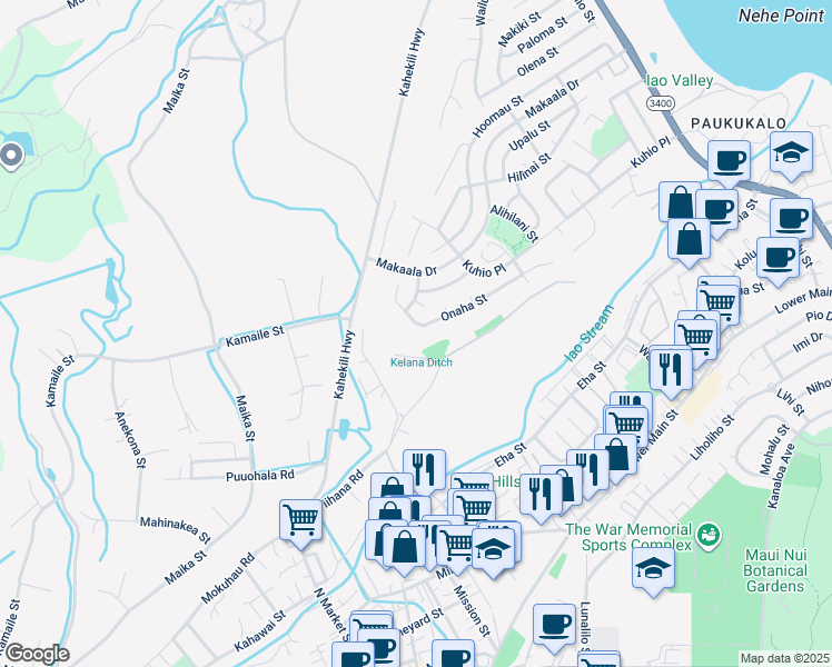 map of restaurants, bars, coffee shops, grocery stores, and more near 1133 Onaha Street in Wailuku