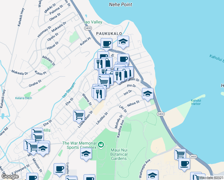 map of restaurants, bars, coffee shops, grocery stores, and more near 901 Lower Main Street in Wailuku