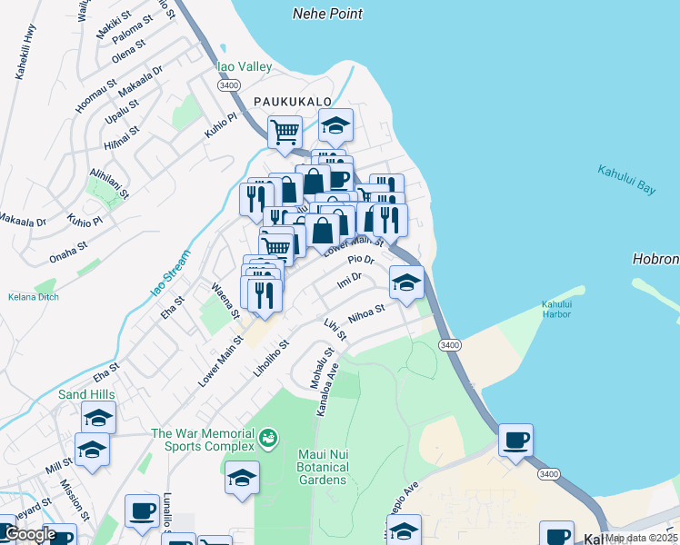 map of restaurants, bars, coffee shops, grocery stores, and more near 580 Pio Drive in Wailuku