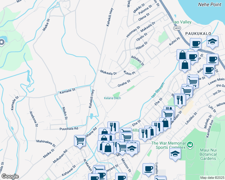map of restaurants, bars, coffee shops, grocery stores, and more near 1129 Onaha Street in Wailuku