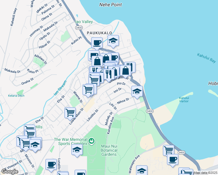 map of restaurants, bars, coffee shops, grocery stores, and more near 557 Pio Drive in Wailuku