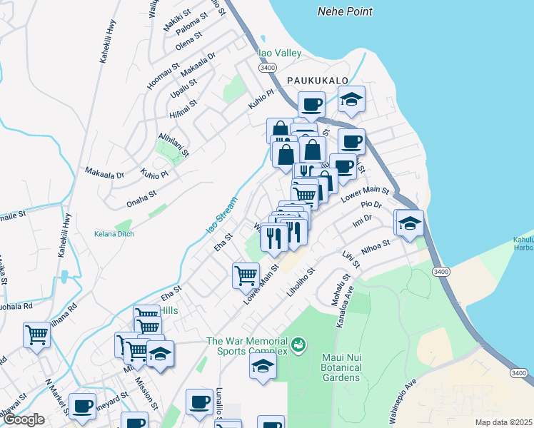 map of restaurants, bars, coffee shops, grocery stores, and more near 70 Kapi Lane in Wailuku