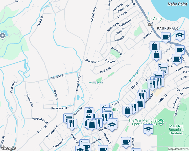 map of restaurants, bars, coffee shops, grocery stores, and more near 1133 Onaha Street in Wailuku