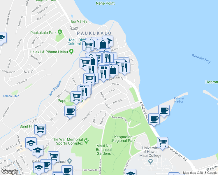 map of restaurants, bars, coffee shops, grocery stores, and more near 580 Pio Drive in Wailuku
