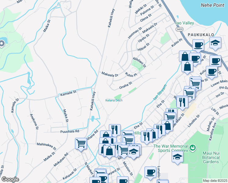 map of restaurants, bars, coffee shops, grocery stores, and more near 1129 Onaha Street in Wailuku