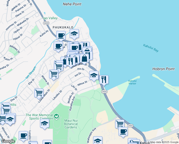 map of restaurants, bars, coffee shops, grocery stores, and more near 679 Pio Drive in Wailuku