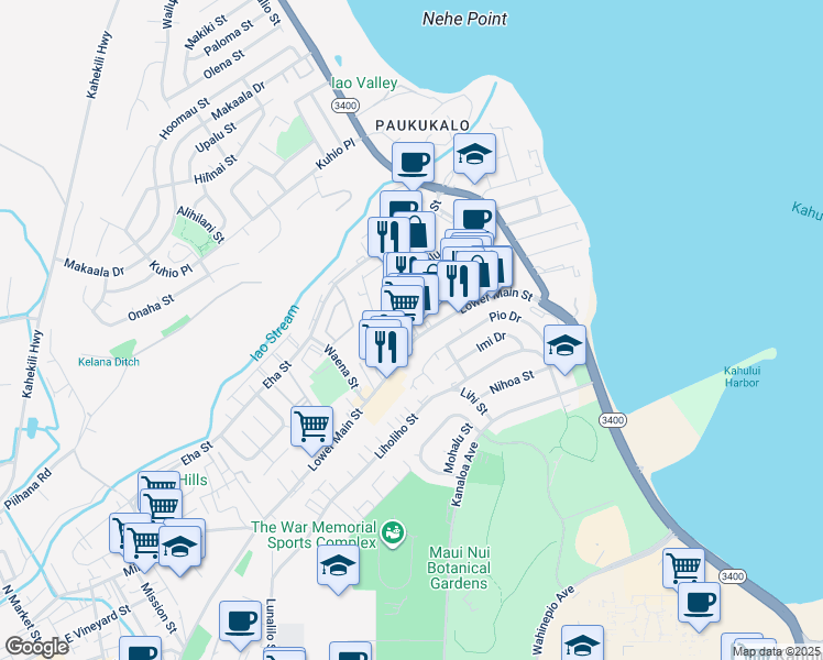 map of restaurants, bars, coffee shops, grocery stores, and more near 928 Lower Main Street in Wailuku