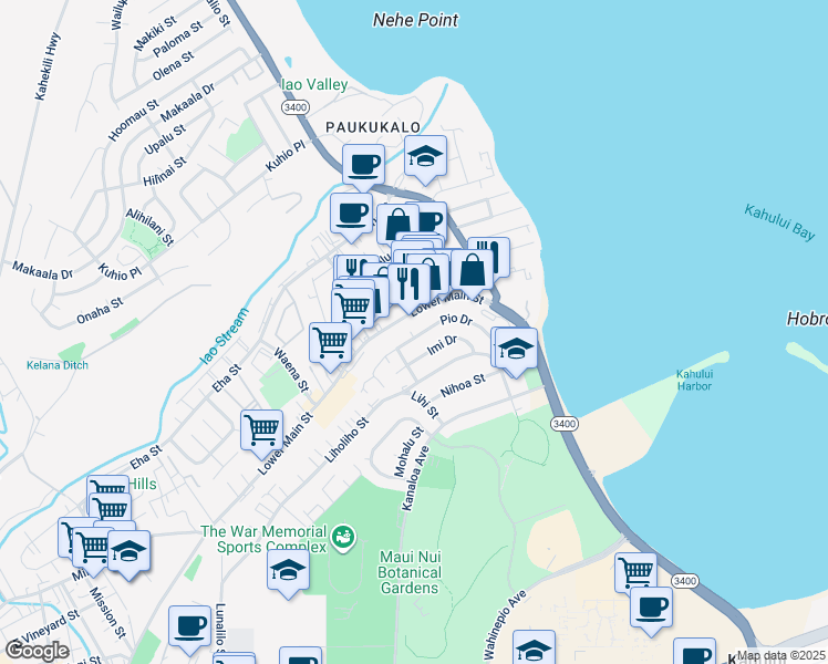 map of restaurants, bars, coffee shops, grocery stores, and more near 565 Pio Drive in Wailuku
