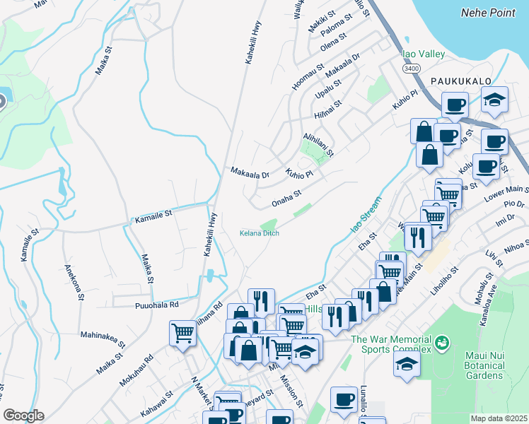 map of restaurants, bars, coffee shops, grocery stores, and more near 1119 Onaha Street in Wailuku