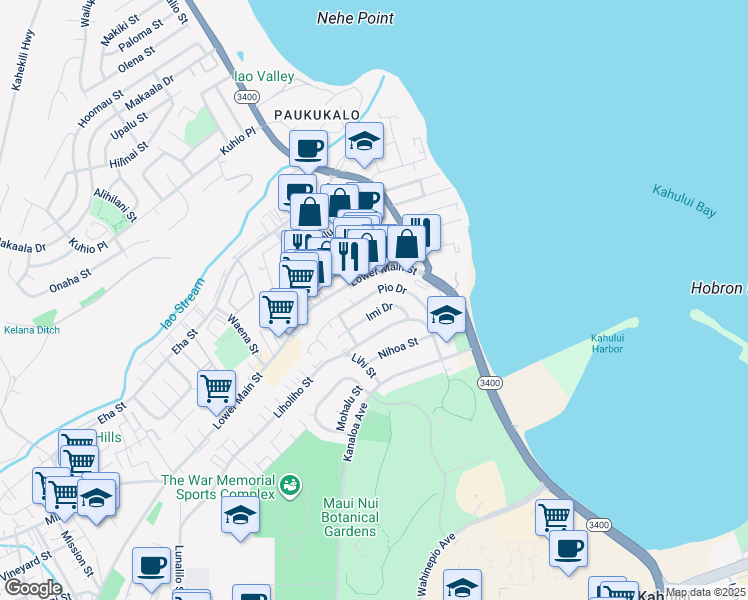 map of restaurants, bars, coffee shops, grocery stores, and more near 588 Pio Drive in Wailuku