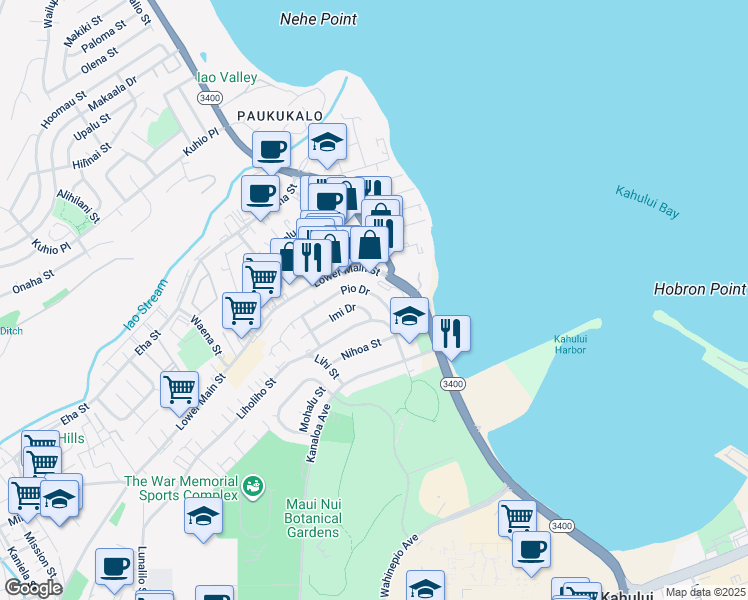 map of restaurants, bars, coffee shops, grocery stores, and more near 654 Pio Drive in Wailuku